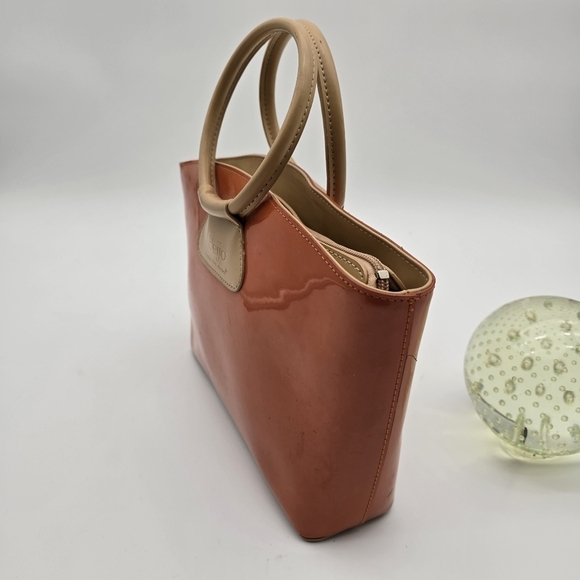 Beijo Purse Orange Hand Bag Round Handle Patent Gloss Small - Picture 3 of 14